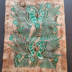 Tropical Birds Mexican Folk Art Bark Painting 16x24 Vintage Handmade